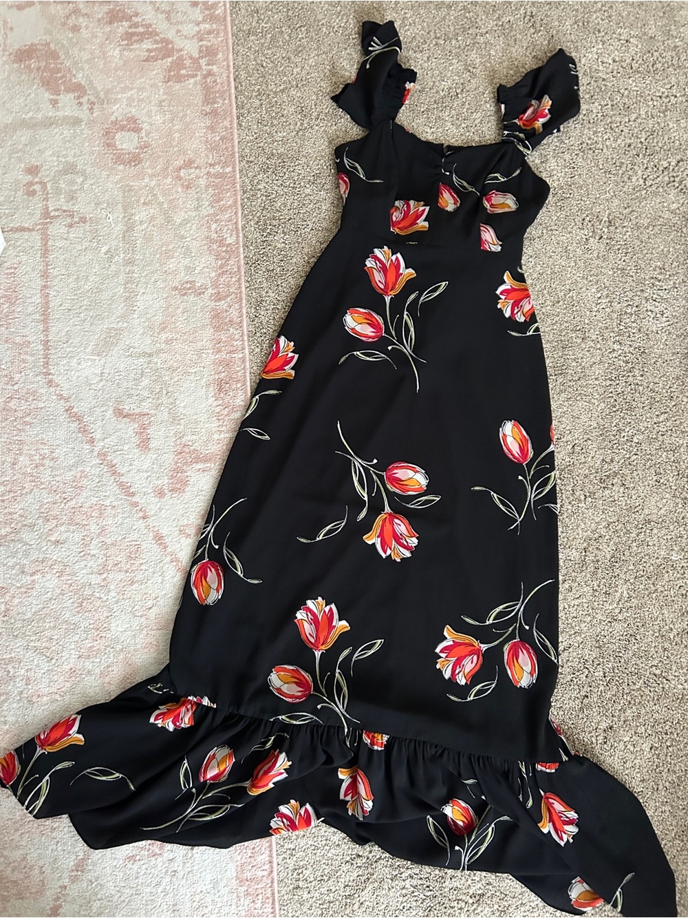 Women’s Black Floral Ruffle Dress with Red Tulip Print